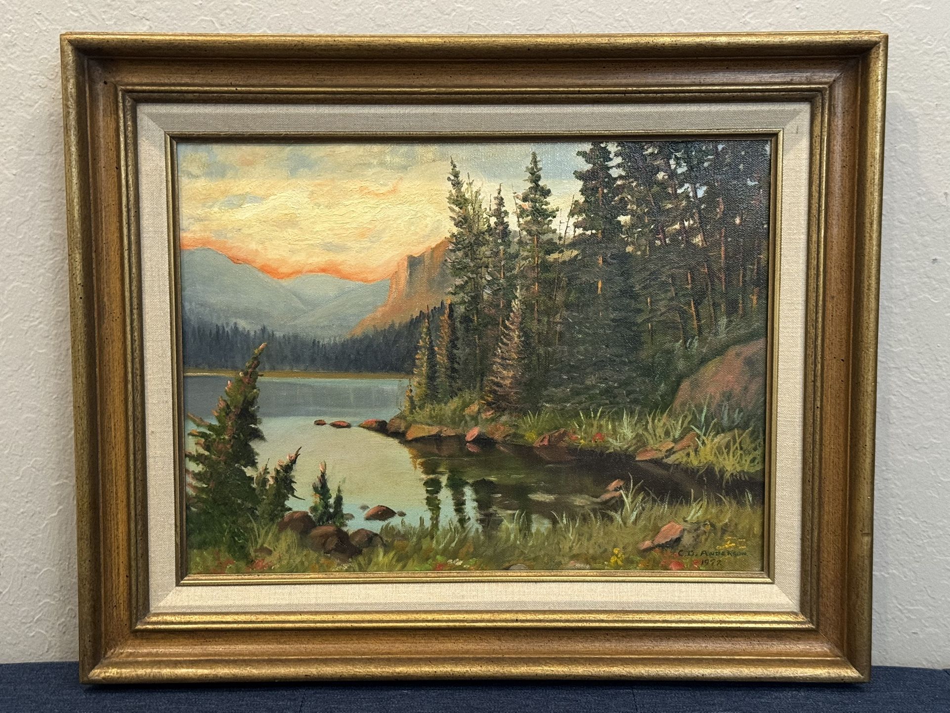 Beautiful Vintage 1972 Sunset Forest Lakescape Oil Painting by C.D. Anderson
