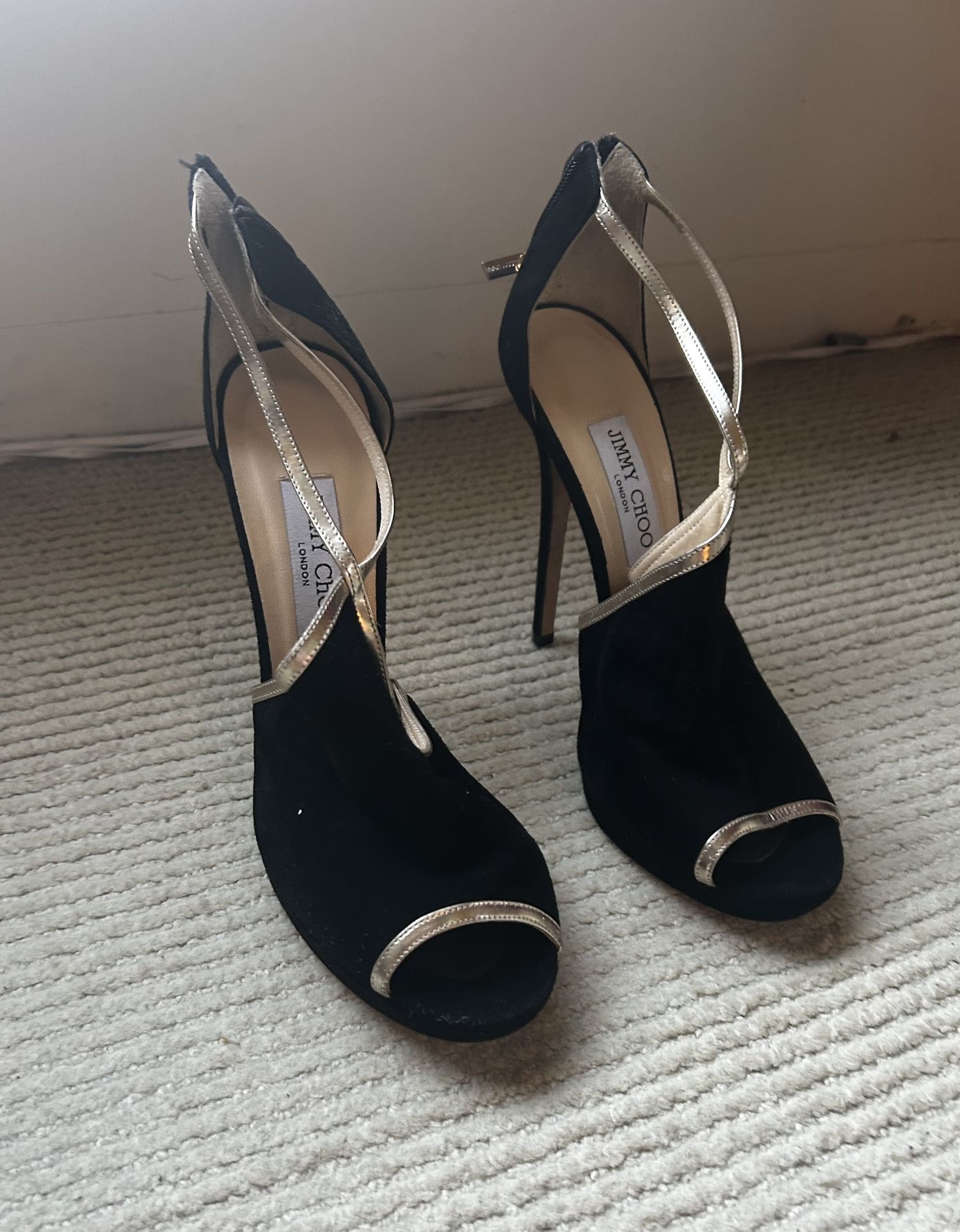 Jimmy Choo Black & Gold Suede High Heels – Size 40.5 (10) (Authentic) ✨