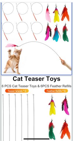 Cat Feather Wands with Replacement Feathers, Interactive Wand Toys, Feathers & Bell, Teaser Wand for Kittens and Adult Cats, Indoor Play to Exercise