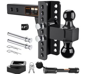 Adjustable Trailer Hitch Fits 2.5" Receiver, Drop Hitch & Tow Hitch With 6-Inch Drop/Rise, 2" & 2-5/16" Dual Ball Hitches For Trucks, 22,000 Lbs GTW,