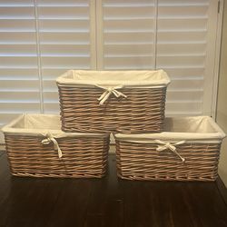 3 Linen lined Storage Baskets $25