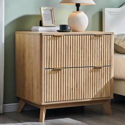 E885 $90 Modern Fluted Wood Night Stand, 30" Tall Bedside Table with 2 Drawers & Large Tabletop, Side Tables Bedroom, End Table for Living Room, Natu