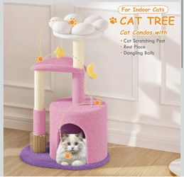 Athena Collection Small Cat Tree Condo with Sisal Scratching Post, 33 Inch Modern Cute Flower Cat Tree Tower with Cozy Perch Toy Ball for Indoor, Kitt