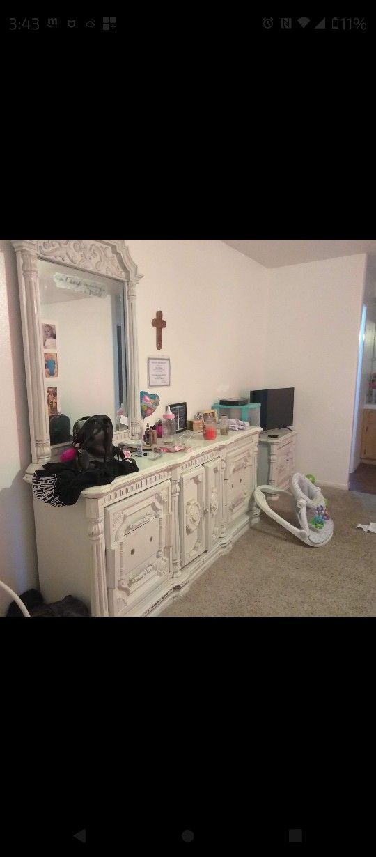 White Antique Dresser With Mirror And End Table $190 For Both
