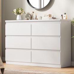 White 6 Drawer Dresser for Bedroom, 15.3" D x 47.2" W x 32.3" H in Simply Modern Chest of Drawers, Wood Storage Double Dresser with Deep Drawers for L