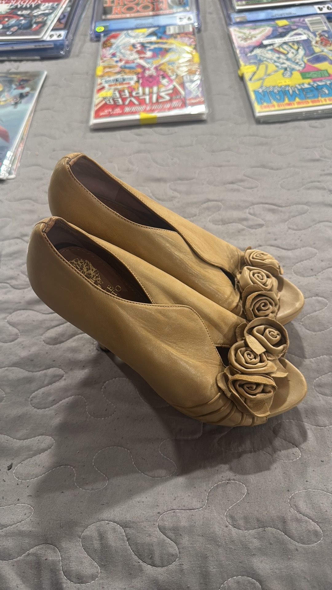 Vince Camuto Tan Leather Open-toe Heels With Rose Detail