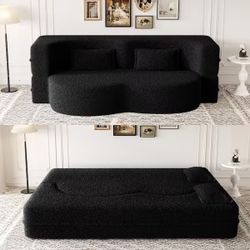 78 in. Square Arm Fabric Curved 3 in 1 Sofa w/ Pillow Foam-Filled Sleeper Sofa Bed,15 in. Full Folding Mattress in Black