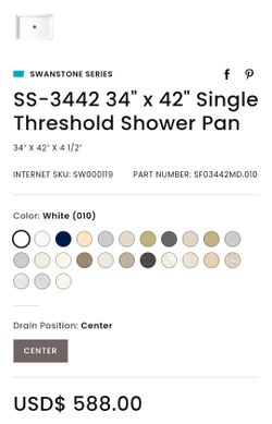 Swanstone Series Ss-3442 34"- 42" Single Threshold Shower Pan