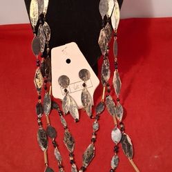 MIXED METAL MULTE STRAND JEWELRY SET FEATURING LONG NECKLACE MATCHING, DROP EARRINGS