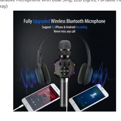 BONAOK Wireless Bluetooth Karaoke Microphone with Dual Sing, LED Lights, Portable Handheld Mic Speaker for Kids Birthday Home Party(Space Gray)
