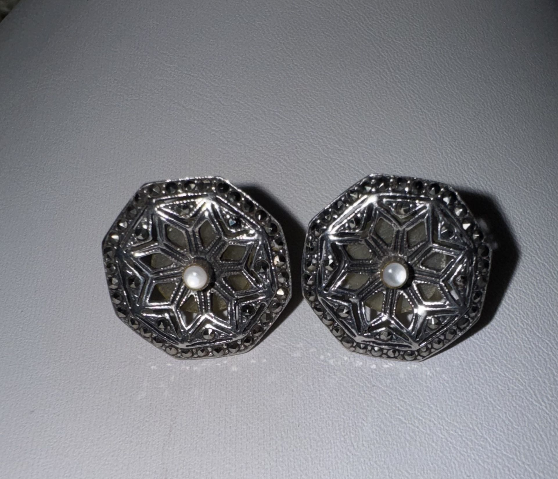 Vintage Sterling & Marcasite Pierced Earrings with Moonstone Center