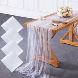 4 Pearl Beaded White Tulle Table Runners for Table Decoration, Wedding, Special Event, Birthday, Baby Shower 