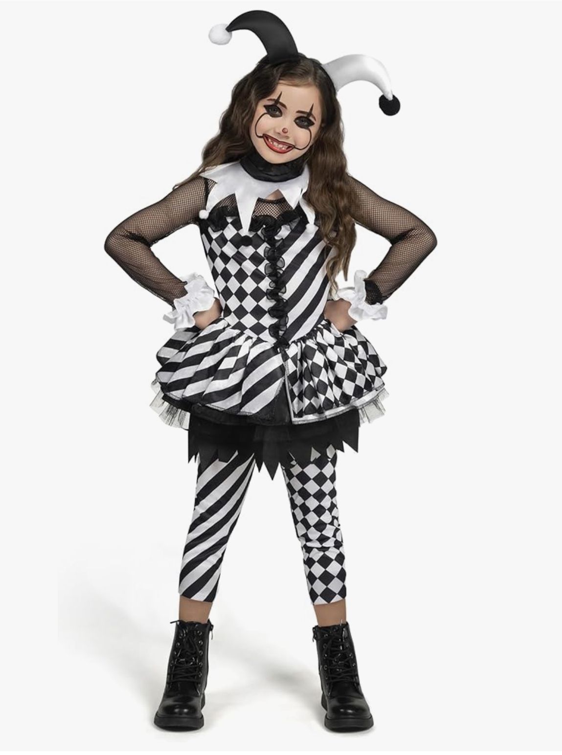 New Spooktacular Creations Girls Clown Costume, Halloween Evil Clown Costume, Black and White Jester Dress for Girls Halloween Kids Size XL (12-14)
