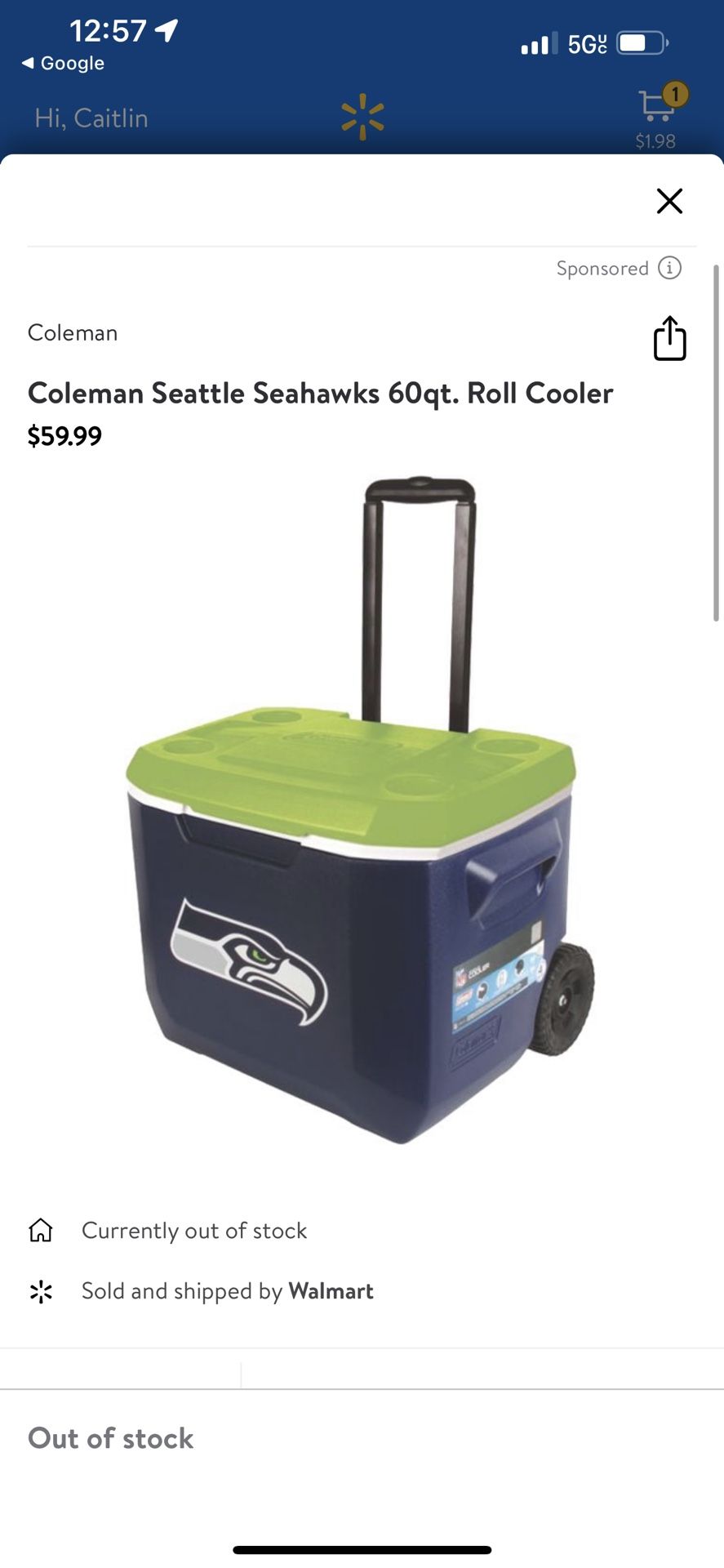 Coleman Seattle Seahawks 60gt. Roll Cooler