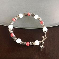 Ceramic Bead & Silver Tone Bead Bracelet With Sterling Silver Clasp & Cross Charm