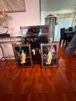 Black Lacquer Asian Cabinet with Wall Panels Set
