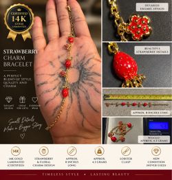 14K Gold Laminated Strawberry Charm Bracelet Red Enamel Floral 8” New