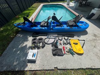 Used BKC PK14 Angler 14-foot Sit On Top Tandem Pedal Fishing Kayak w/ Instant Reverse Pedal Drive, Hand Control Rudder, Paddle, and Upright Seat
