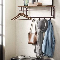 Wall-Mounted Coat Rack, Wall Hook Rack with Hanging Rod, Storage Shelf, Laundry Room Shelf with Hooks, Rustic Brown and Bronze