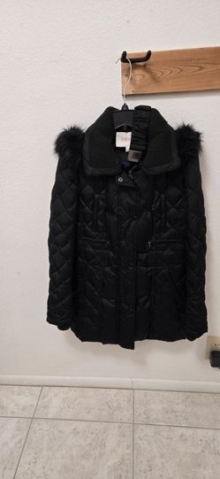 Womens Large black down filled jacket with detachable hood and belt