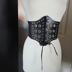 Black Lace Up Corset Rhinestone Grommet Underbust Goth Alternative