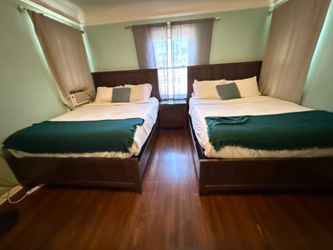 Living spaces queen wood beds and nightstands Zinus memory foam mattresses 2 sets available
