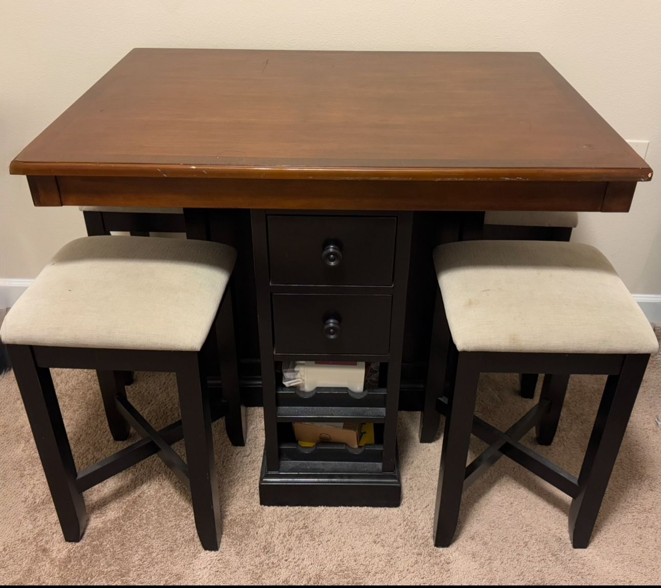 $100 OBO Wooden Table With Stools, Drawers, And Wine Storage