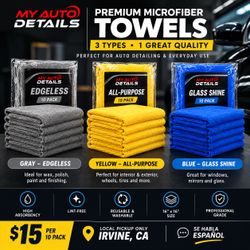 Premium Microfiber Towels 10 Pack – Auto Detailing | 3 Types