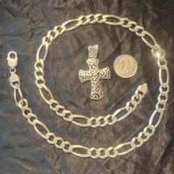 Figaro Heavy Solid Silver Chain 24" w/ Filigree Cross Pendant. 