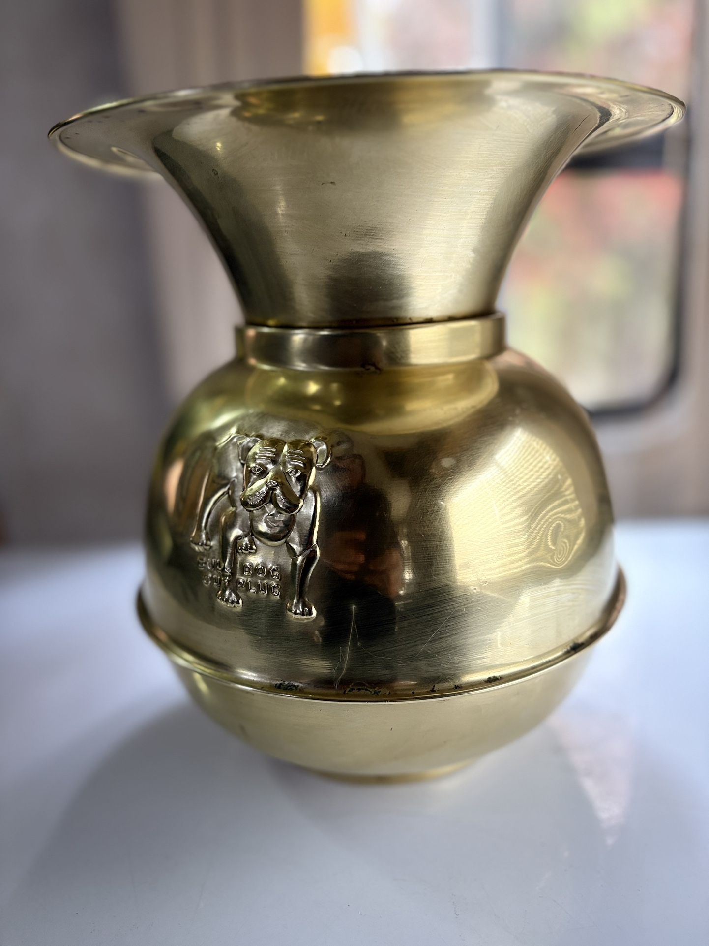 1910 Brass Spittoon With Bulldog