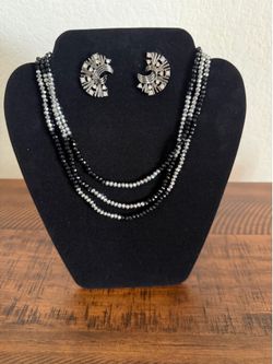 Vintage Black & Silver Multi-Strand Beaded Necklace & Rhinestone Earrings Set