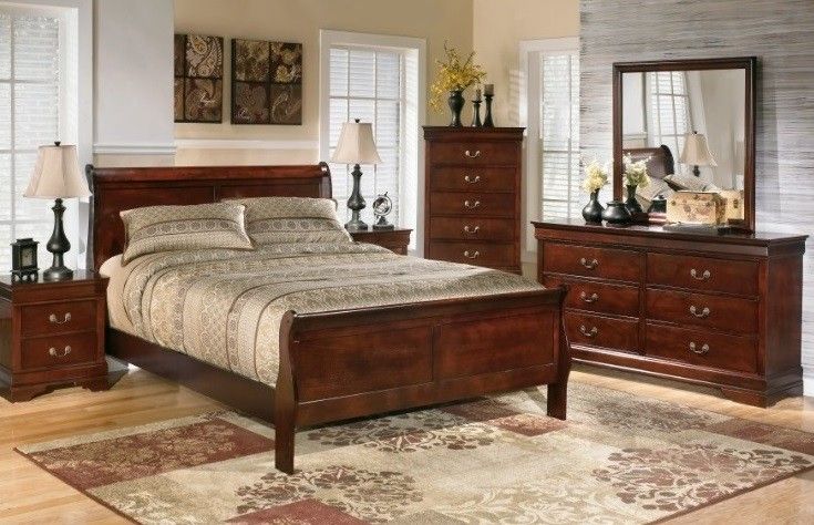 ✪ BROWN 5PC.- DRESSER MIRROR CHEST QUEEN SLEIGH BED ✪