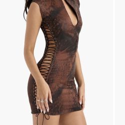House Of CB Brown Lace Up Side Mini Dress