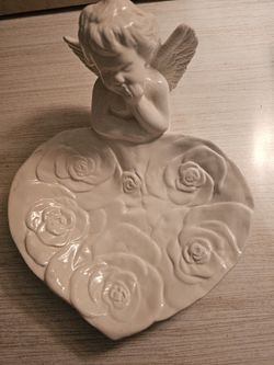 World Bazaars Inc Angel Soap Candy Dish Cherub Angel White Heart World Bazaar