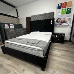 Queen Size Bed Frame and 10 Hybrid Mattress with Gift 2 Pillows, Black Color, SKU#10CM7141BK-QSET
