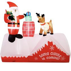 8FT Santa and Reindeer Standing by The Chimney on The Roof Christmas Inflatable Decoration, Built-in LED, Indoor Yard Holiday Season, Quick Air Blown,