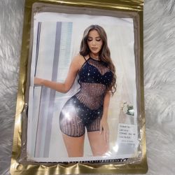 Rhinestone-embellished, sexy fishnet jumpsuit