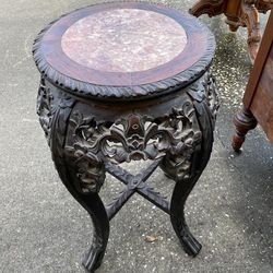 Antique Marble And Hand Carved Wood Accent Table