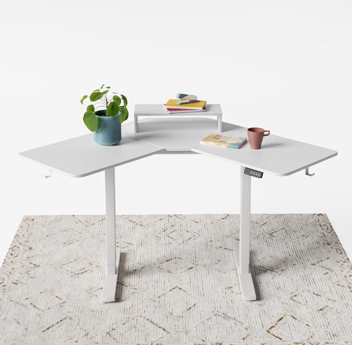 FEZIBO Corner Standing Desk, 48 Inches L Shaped Standing Desk, Electric Stand Up Corner Desk, Home Office Sit Stand Desk with White Top and White Fram