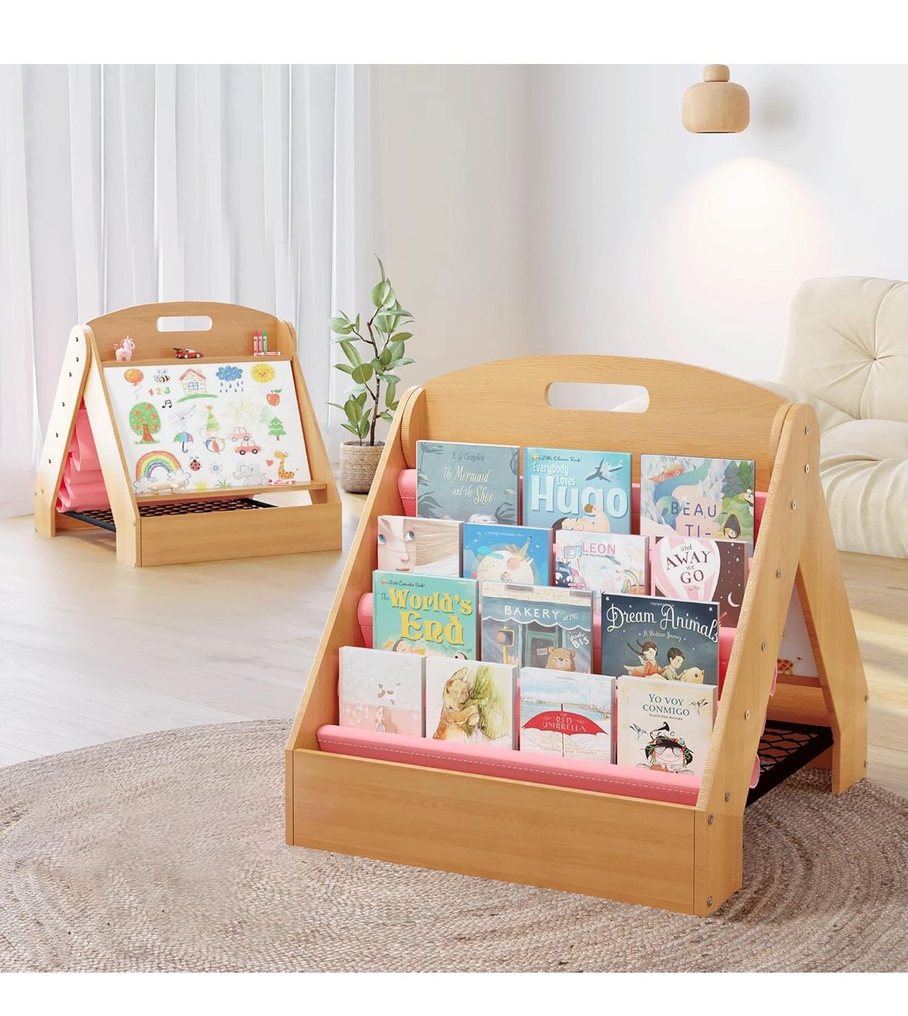 Kids Bookshelf 2-in-1 Design Book Organizer and Easel for Kids, Montessori Book Shelf for Kids Rooms, 4 Tier Bookcase for Age 3+ Girl Boy´s Bedr