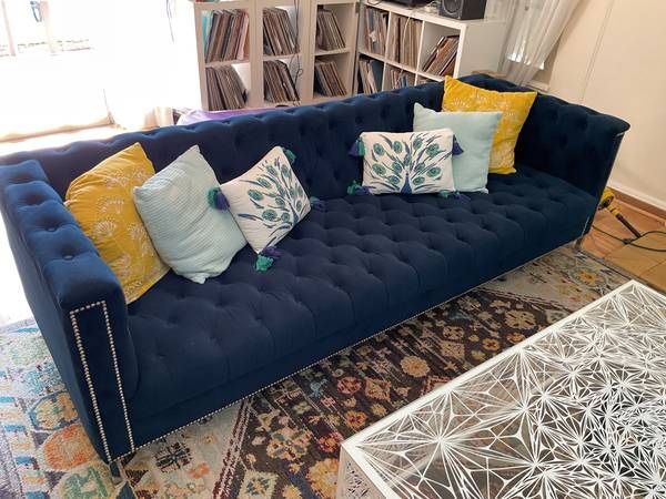 Velvet Navy Tufted Tuxedo Sofa with Square Arms $800 (Beverly Hills/West LA)