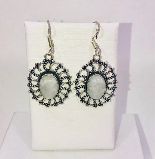 Natural Rainbow Moonstones & .925 Stamped Sterling Silver Embellished Earrings New!