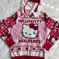 Hello Kitty Holiday Festive Girls Hooded Ears Sweater Sz Large