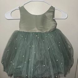 Sage Tulle Elegant V-Back Pearl Knee Length Wedding Flower Girl Birthday 12-18m