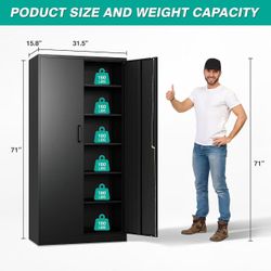 🥨SISESOL Metal Storage Cabinet with Lock and 5 Adjustable Shelves,Lockable Garage Storage Cabinet,71"H Black Steel File Cabinets with Locking Doors,T