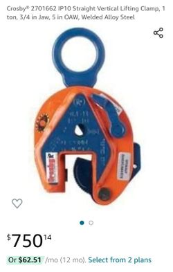 Crosby IP10 Straight Vertical Lifting Clamp, 1 ton, 3/4 in Jaw, 5 in OAW, Welded Alloy Steel

