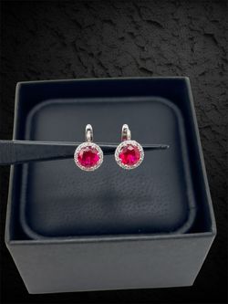 Round red ruby diamond earrings in 14k white gold