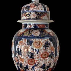 Japanese Imari Style Porcelain Covered Ginger Jar Temple Jar Cherry Blossom Blue Red Gold