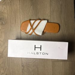 Halston Tan Leather Strappy Slide Sandal