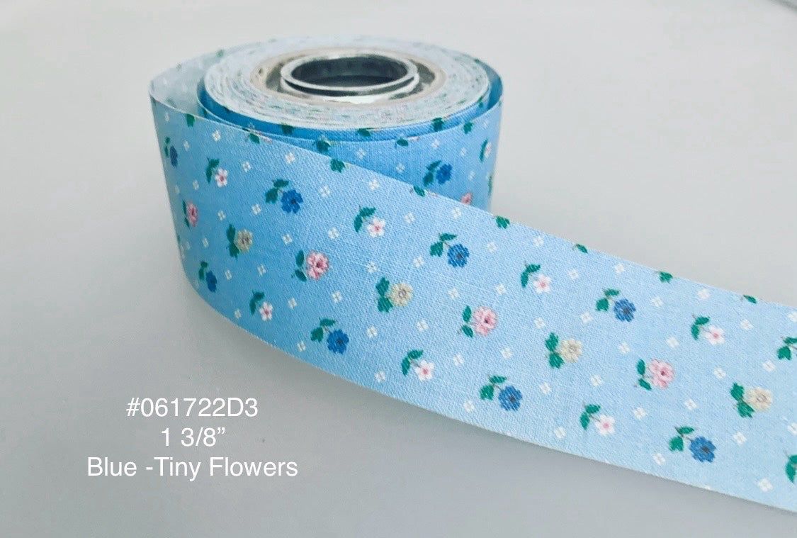 5 Yds of 1 3/8” Vintage Cotton Ribbon Blue W/Tiny Flowers #061722D3